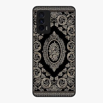 Noir Bloom Elegance Glass Case showing flat back view with elegant dark floral artwork and glossy glass finish.