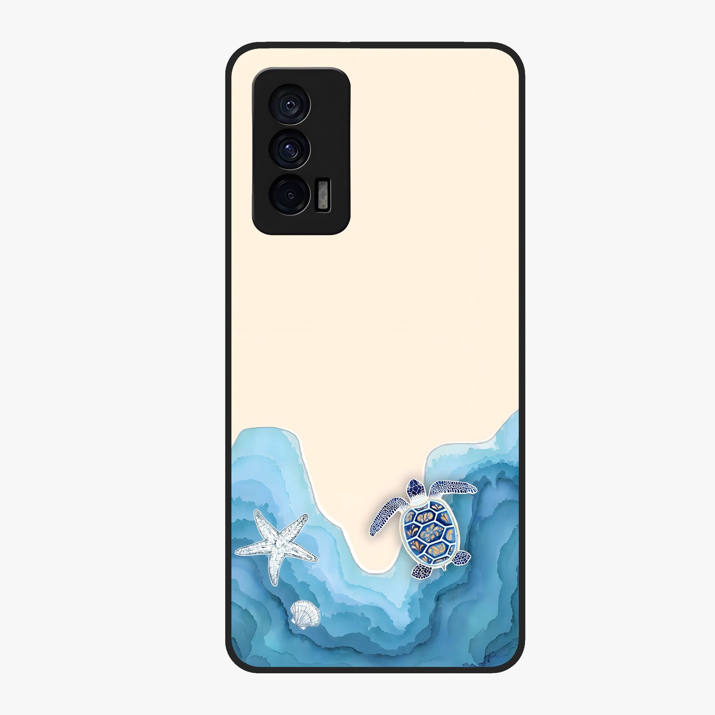 Ocean Drift Turtle Glass Case showing flat back view with sea turtle artwork and glossy glass finish.