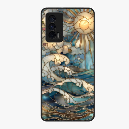 Oceanic Stained Printed Glass Case showing flat back view with ocean inspired stained pattern artwork and glossy glass finish.