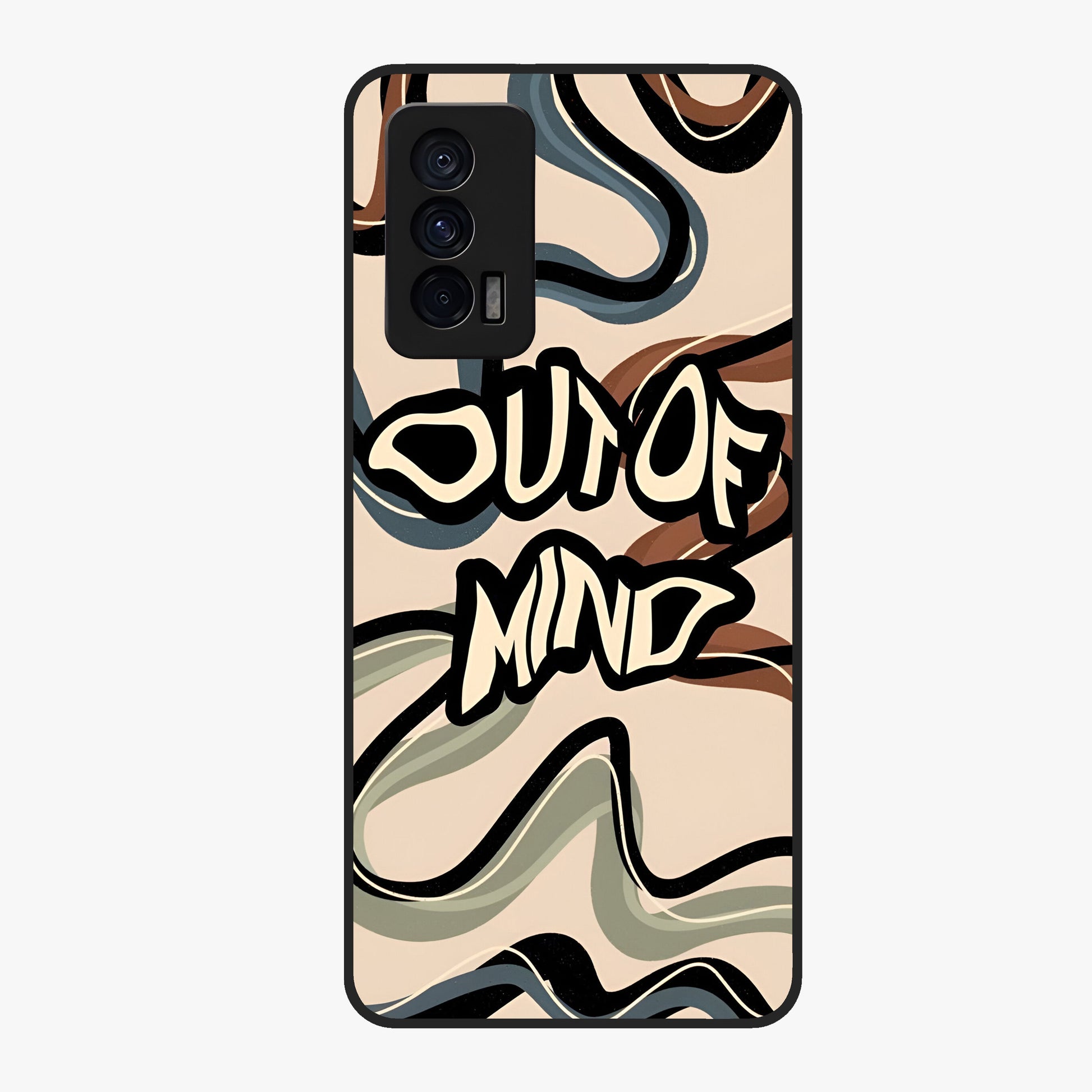 Out Of Mind Glass Case showing flat back view with expressive typography artwork and glossy glass finish.