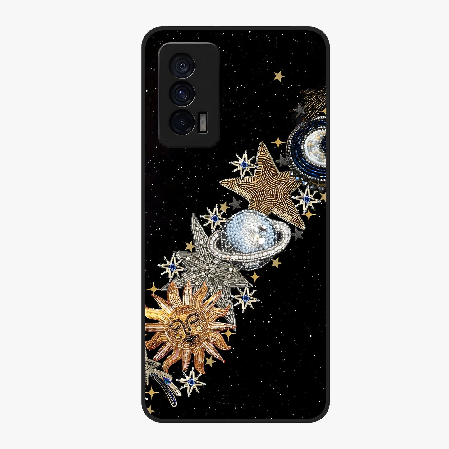 Pearls Universe Object Glass Case showing flat back view with pearl inspired cosmic artwork and glossy glass finish.