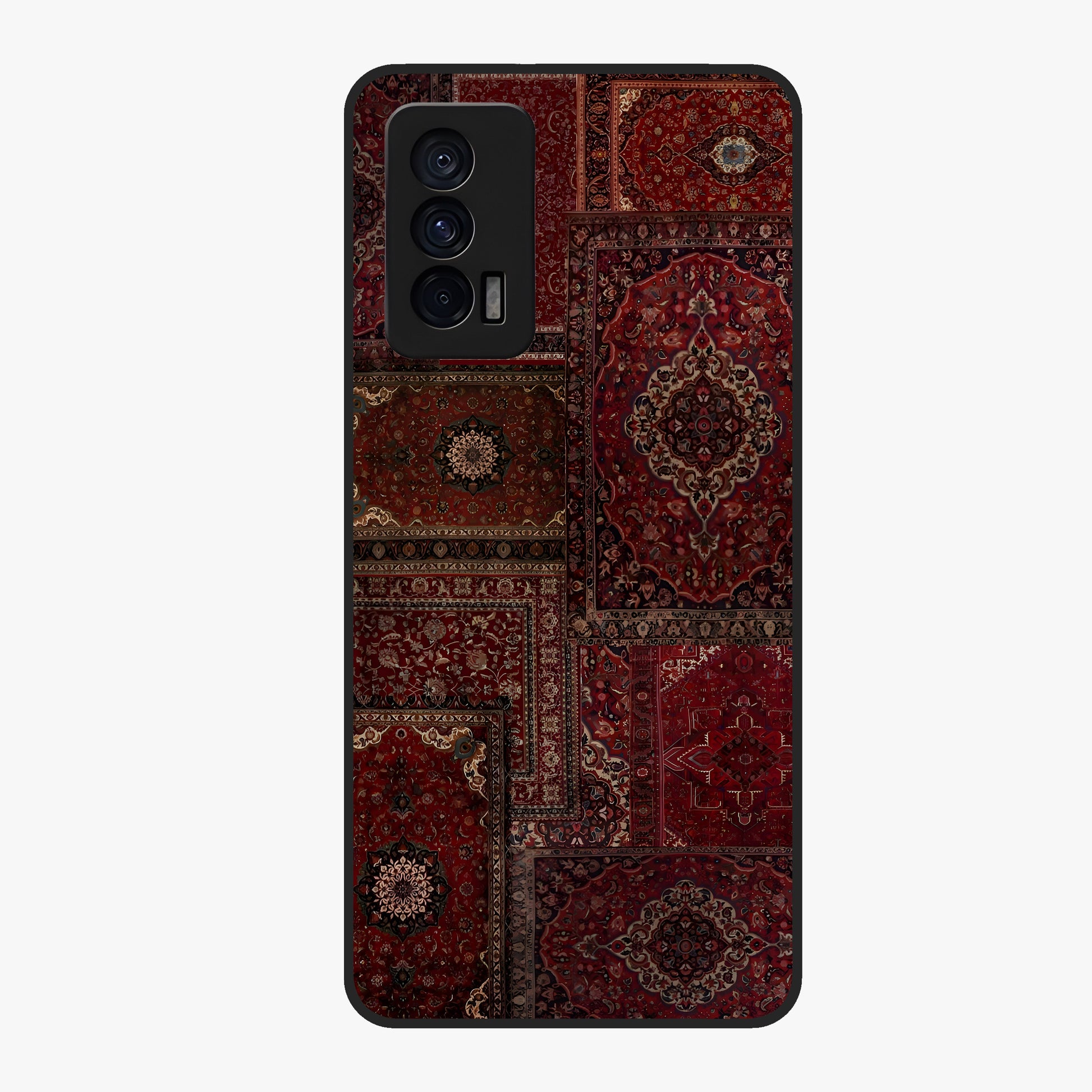 Persian Velvet Tale Glass Case showing flat back view with luxurious Persian velvet pattern artwork and glossy glass finish.