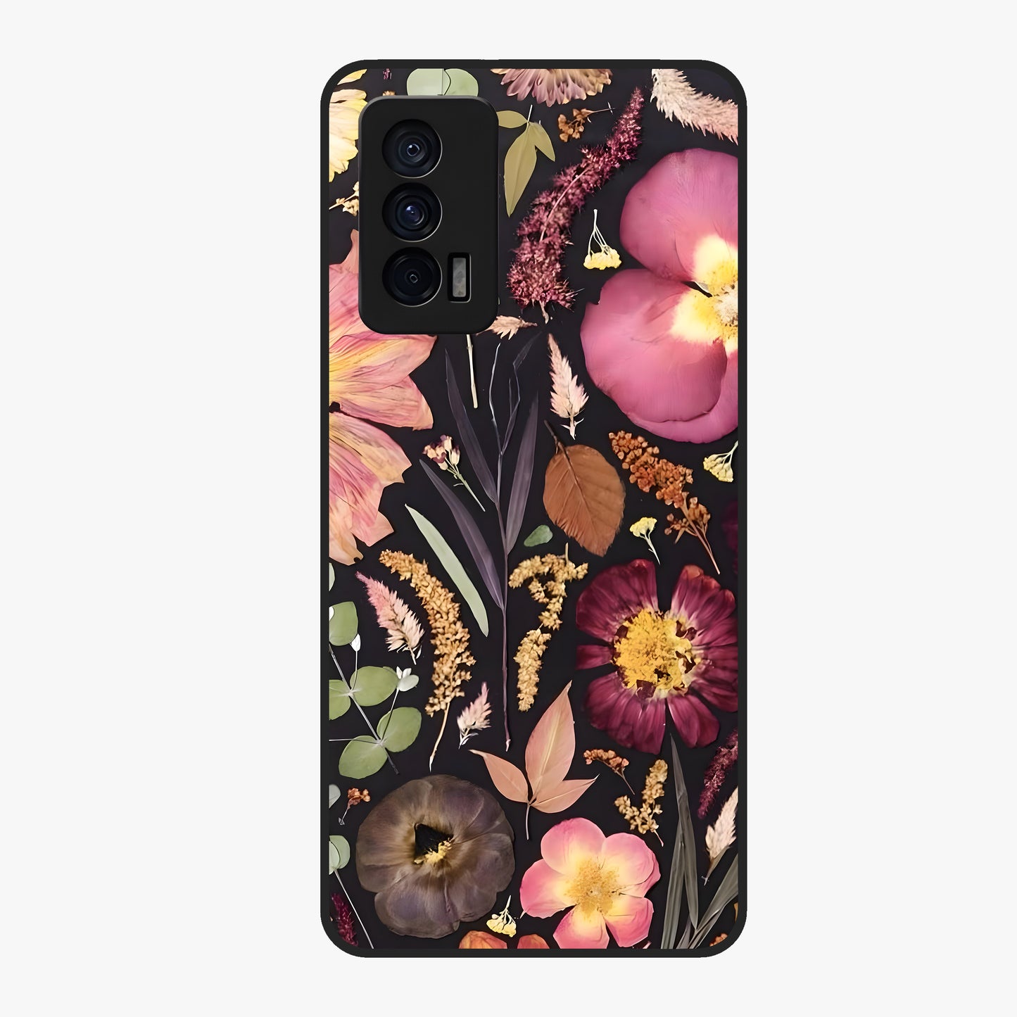 Petal Dream Tapestry Glass Case showing flat back view with intricate floral tapestry artwork and glossy glass finish.