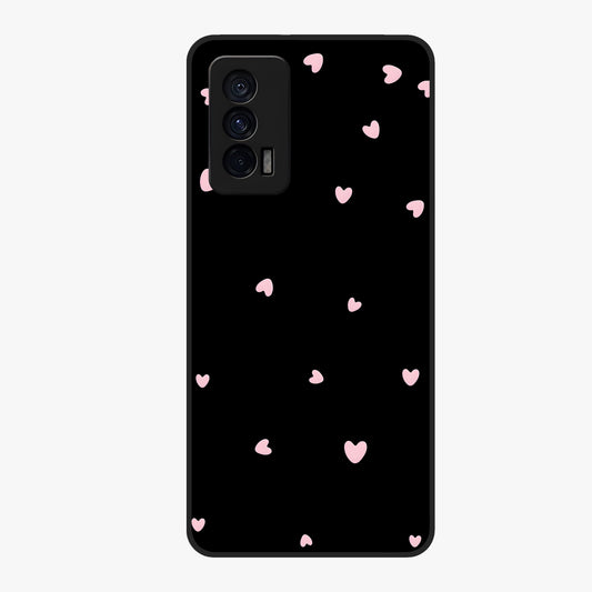 Pink Love Drops Glass Case showing flat back view with playful pink heart drops artwork and glossy glass finish.