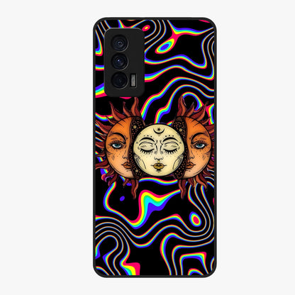 Psychedelic Sun Glass Case showing flat back view with colorful psychedelic sun artwork and glossy glass finish.