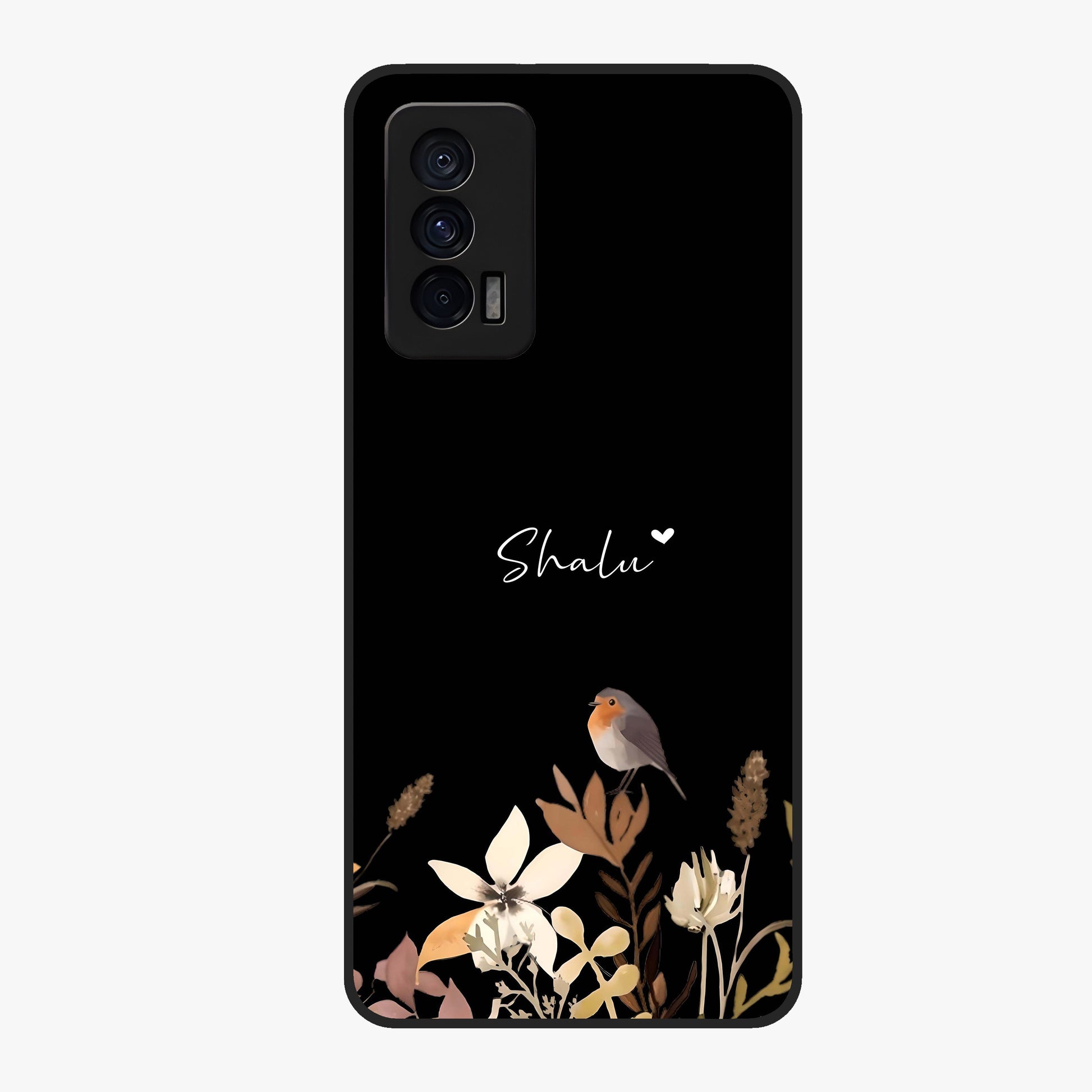 Quiet Garden Tune Custom Name Glass Case showing flat back view with peaceful garden artwork and personalized name design.