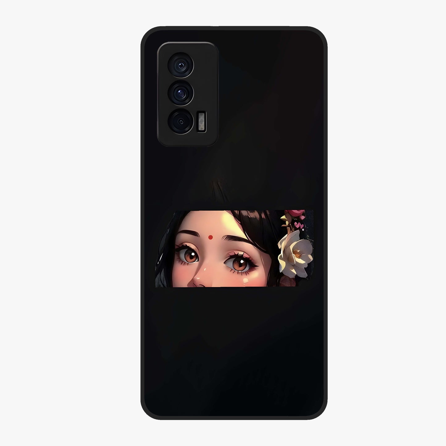 Radha Divine Embrace Glass Case showing flat back view with devotional Radha artwork and glossy glass finish.