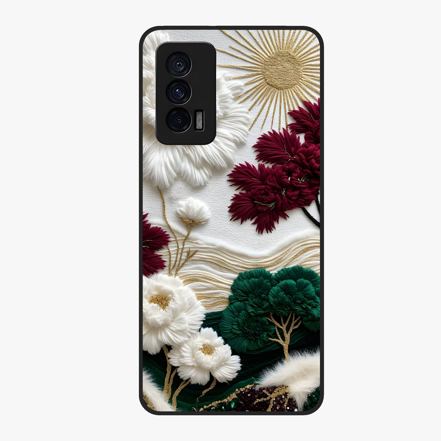 Radiant Bloom Elegance Glass Case showing flat back view with elegant blooming flower artwork and glossy glass finish.