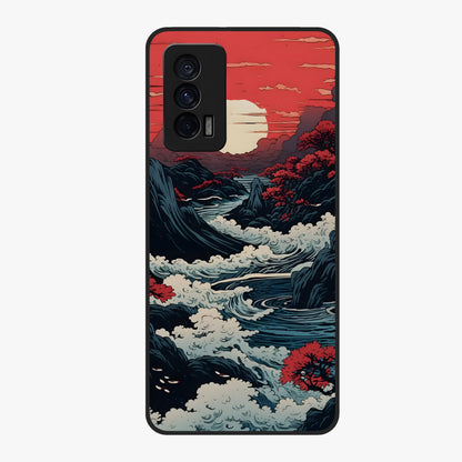 Red Sunset Scenery Glass Case showing flat back view with vibrant sunset landscape artwork and glossy glass finish.