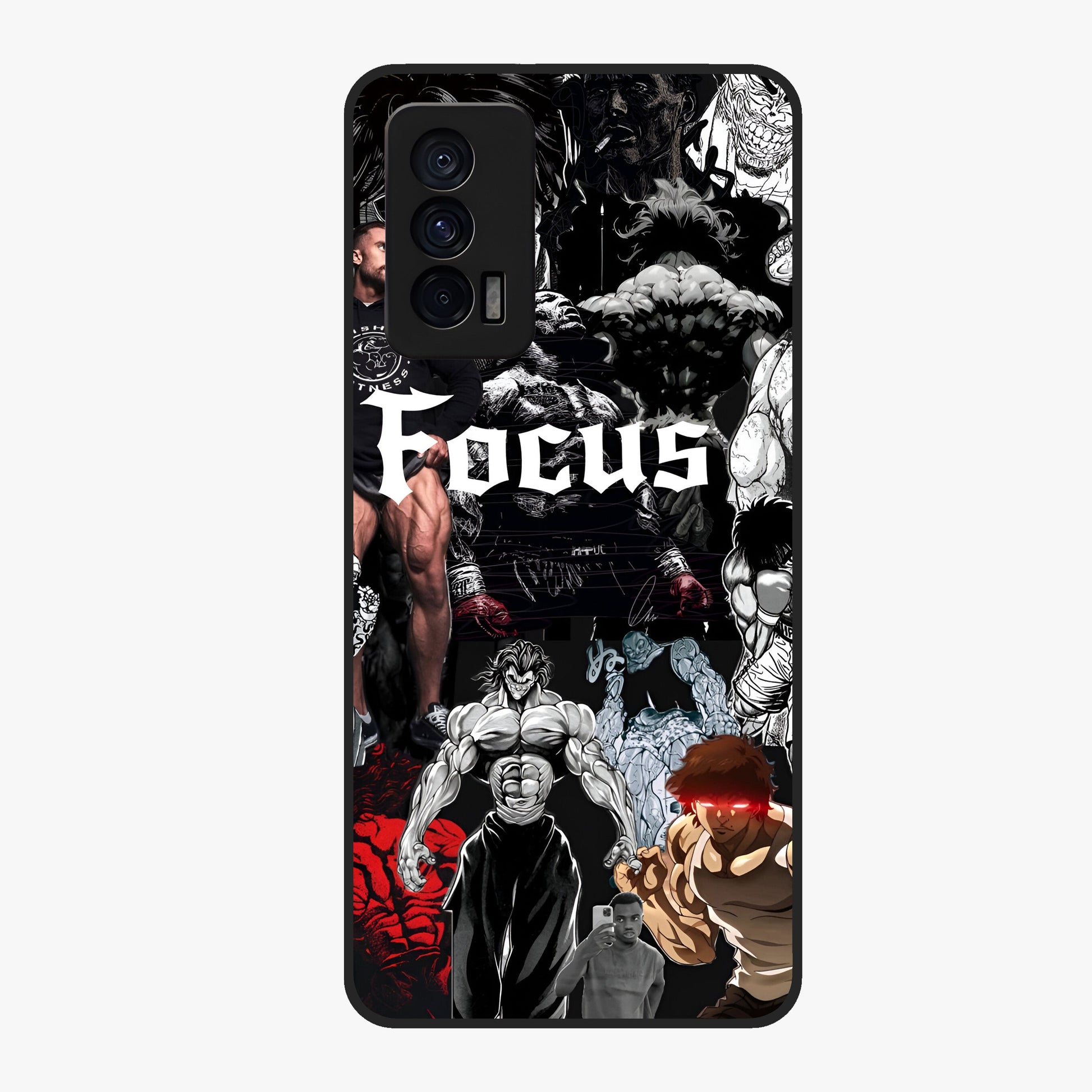 Relentless Power Focus Glass Case showing flat back view with motivational typography artwork and glossy glass finish.