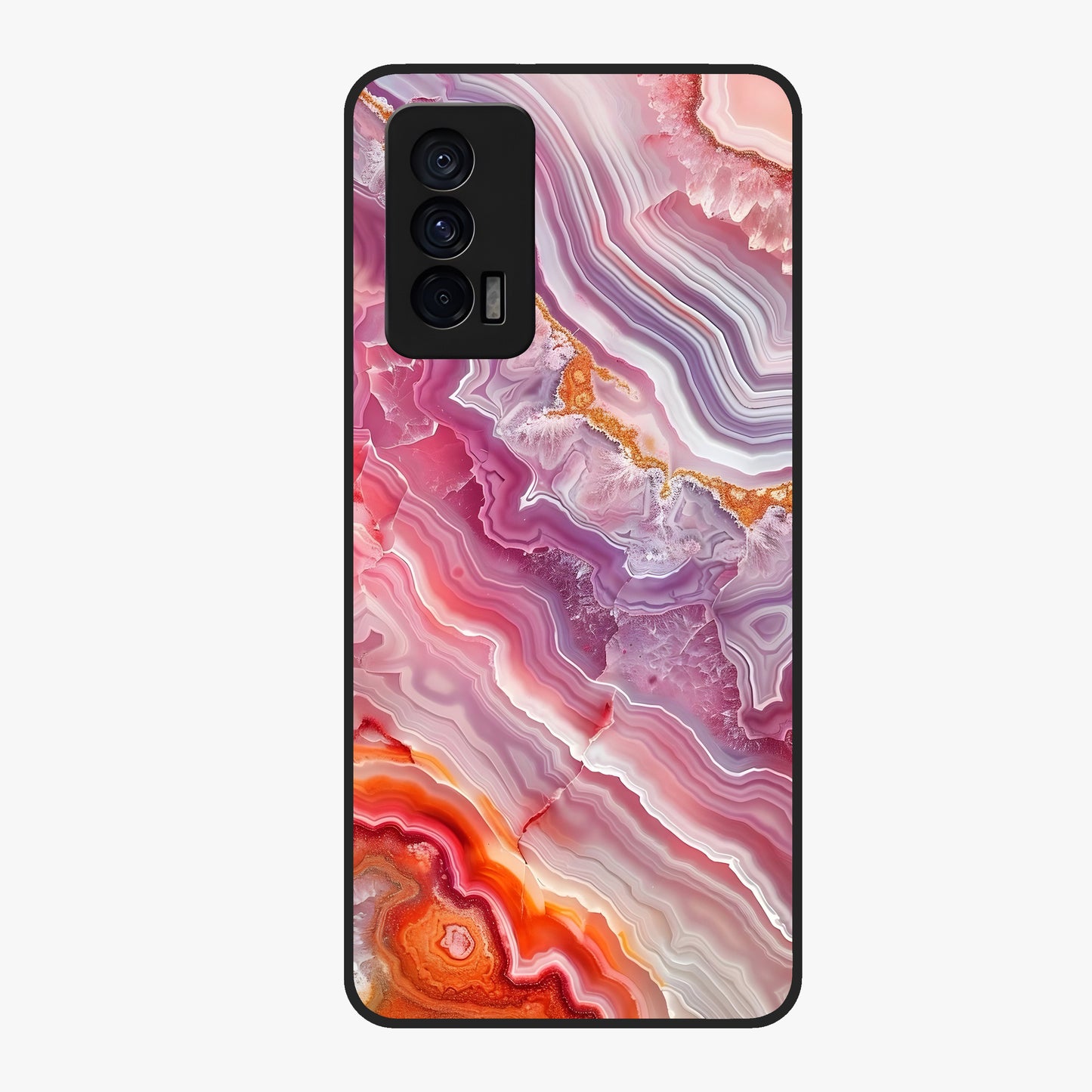 Rose Quartz Marble Glass Case showing flat back view with pink marble quartz texture artwork and glossy glass finish.
