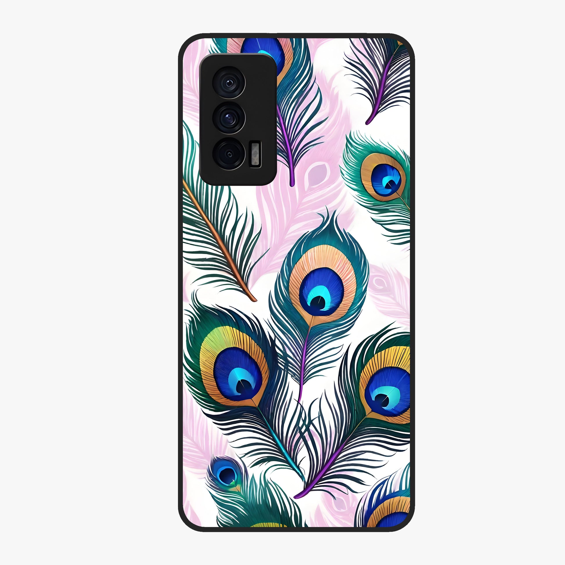 Royal Peacock Feathers Glass Case showing flat back view with colorful peacock feather artwork and glossy glass finish.