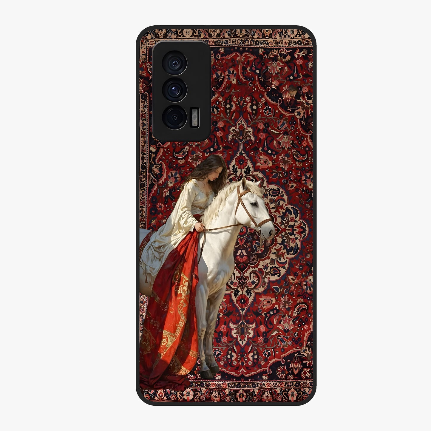 Royal Rider Tapestry Glass Case showing flat back view with majestic horse rider tapestry artwork and glossy glass finish.