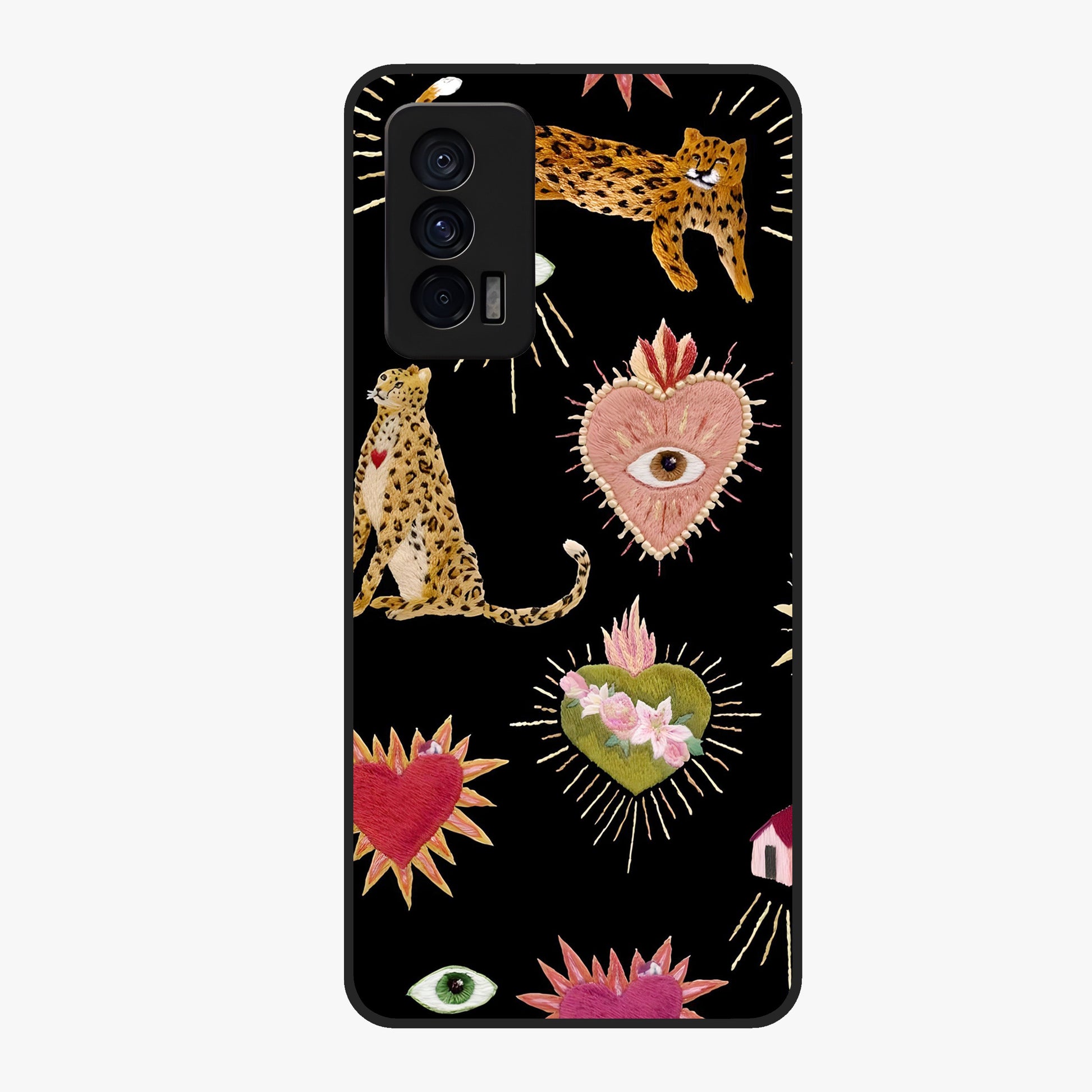 Sacred Jungle Heart Glass Case showing flat back view with jungle inspired heart artwork and glossy glass finish.