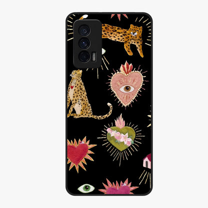 Sacred Jungle Heart Glass Case showing flat back view with jungle inspired heart artwork and glossy glass finish.