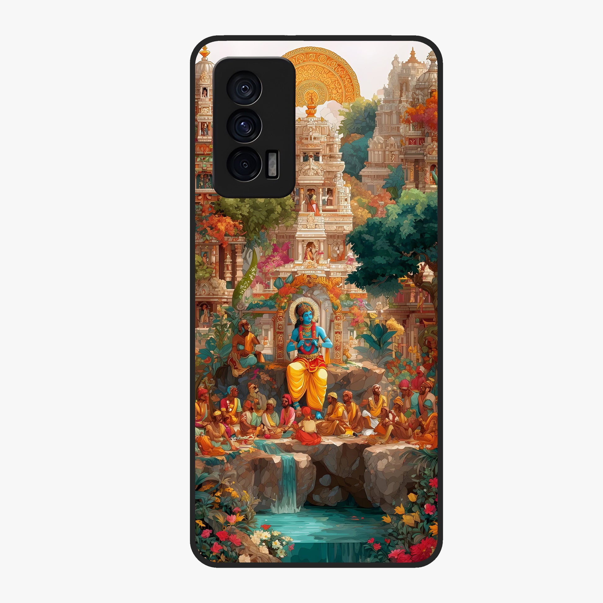 Sacred Sunlight Gods Glass Case showing flat back view with divine sunlight themed artwork and glossy glass finish.