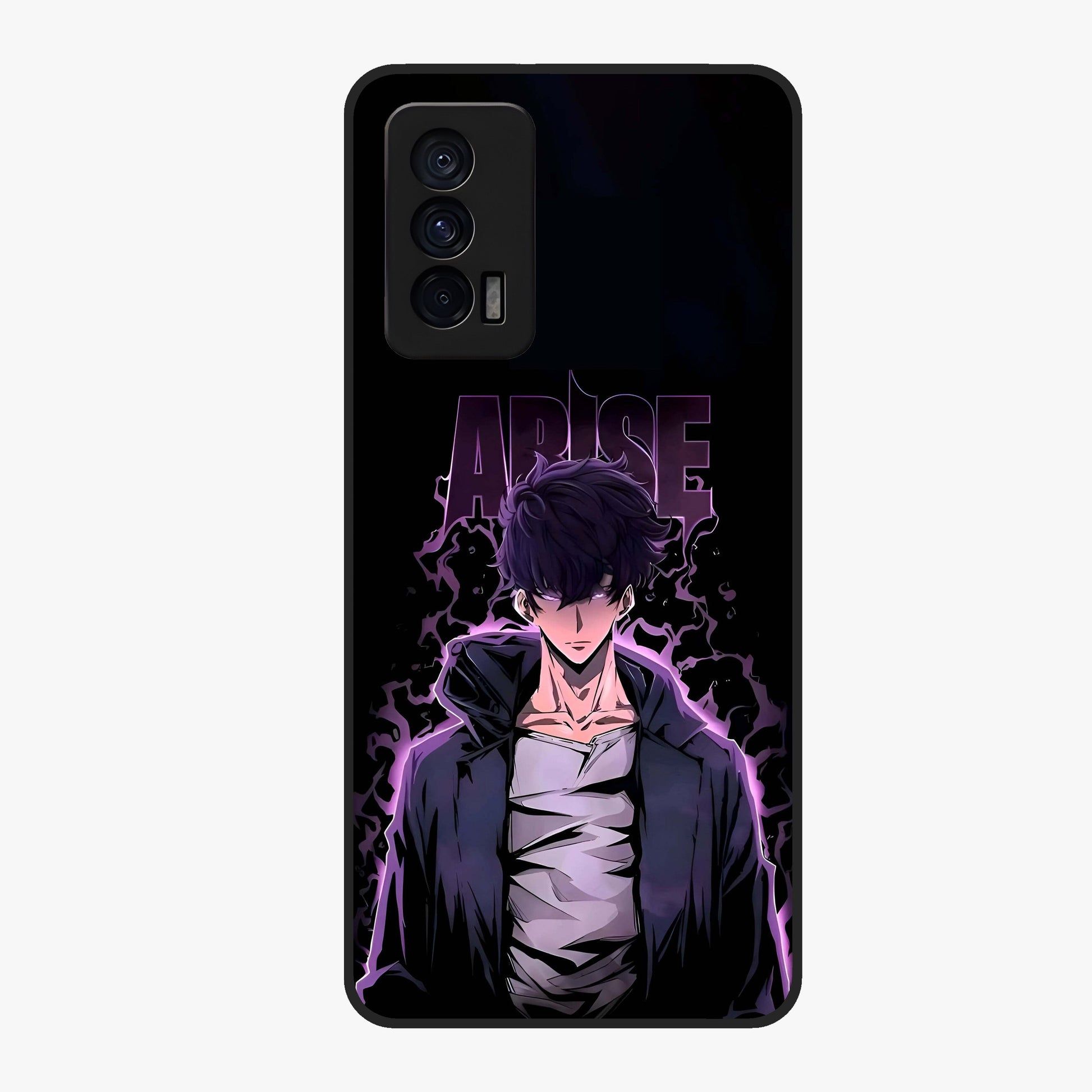Shadow Monarch Awakening Glass Case showing flat back view with powerful dark monarch themed artwork and glossy glass finish.