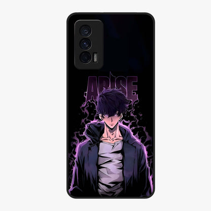 Shadow Monarch Awakening Glass Case showing flat back view with powerful dark monarch themed artwork and glossy glass finish.