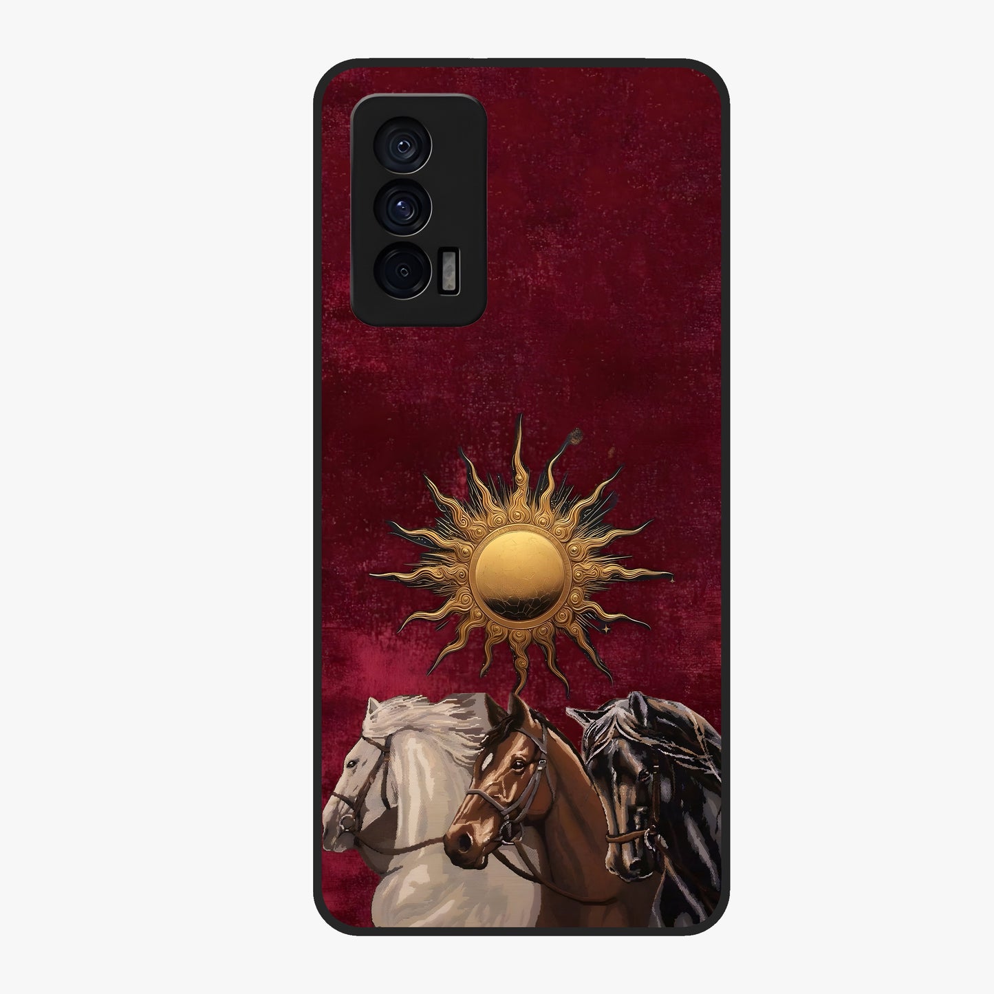 Solar Riders Glass Case showing flat back view with dynamic rider themed artwork and glossy glass finish.
