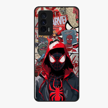 Spider Collage Street Glass Case showing flat back view with vibrant superhero collage artwork and glossy glass finish.