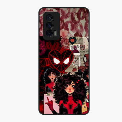 Spider Love Story Glass Case showing flat back view with romantic superhero themed artwork and glossy glass finish.