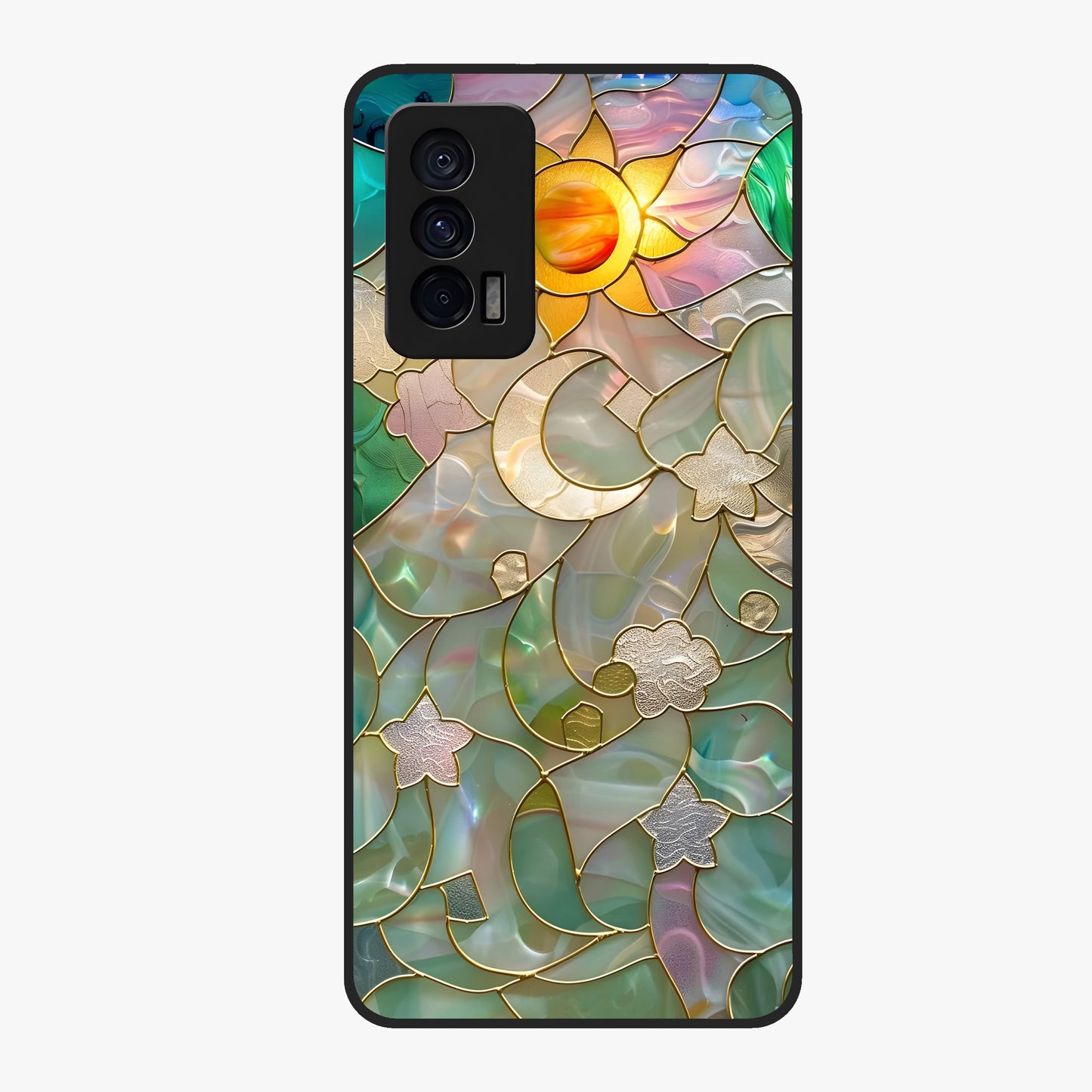 Stained Sunrise Glow Glass Case showing flat back view with glowing sunrise stained pattern artwork and glossy glass finish.