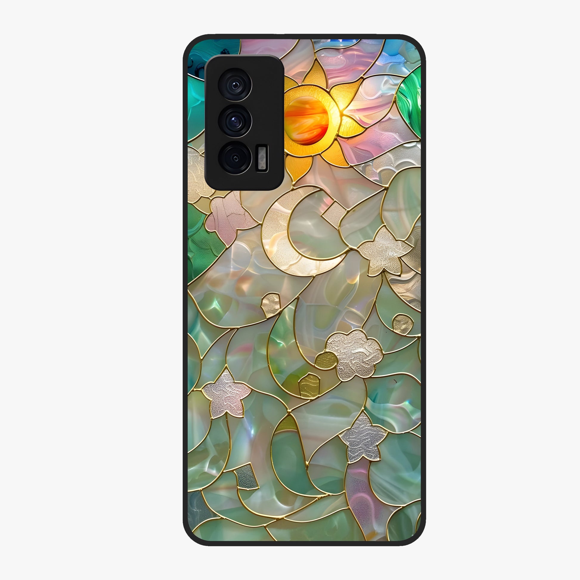 Stained Sunrise Glow Glass Case showing flat back view with glowing sunrise stained pattern artwork and glossy glass finish.