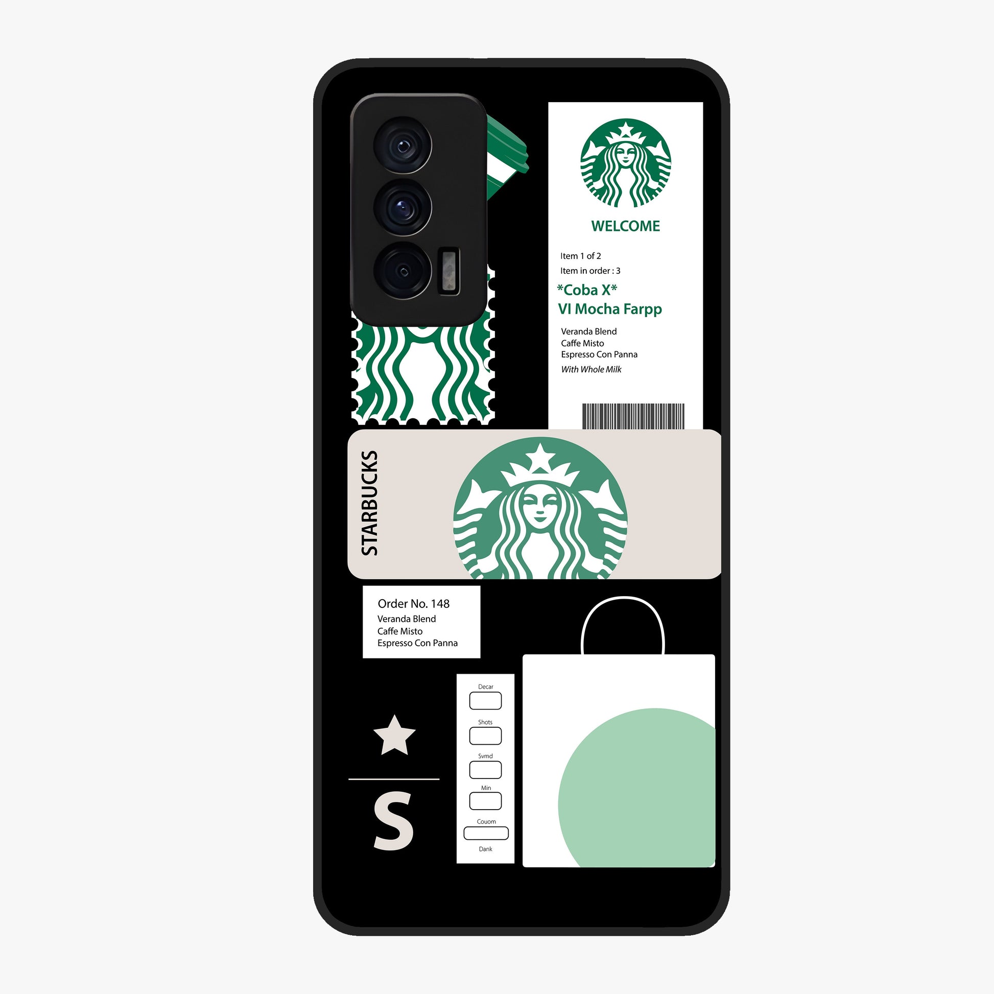 Starbucks Mocha Glass Case showing flat back view with coffee inspired artwork and glossy glass finish.