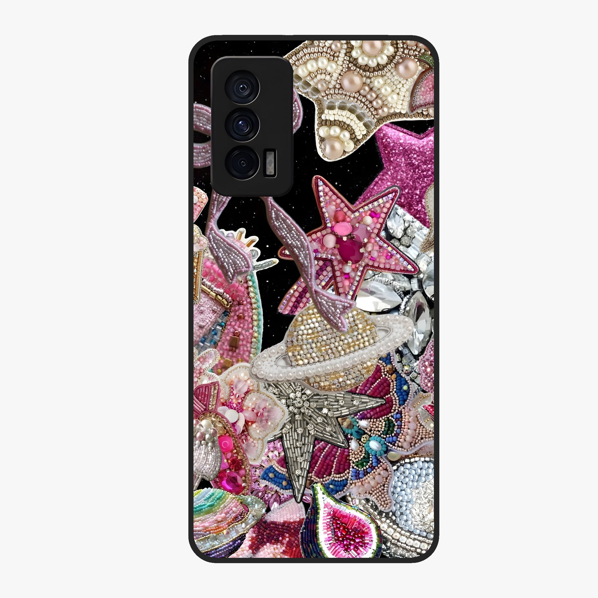Starlit Jewel Dream Glass Case showing flat back view with sparkling jewel and star themed artwork and glossy glass finish.
