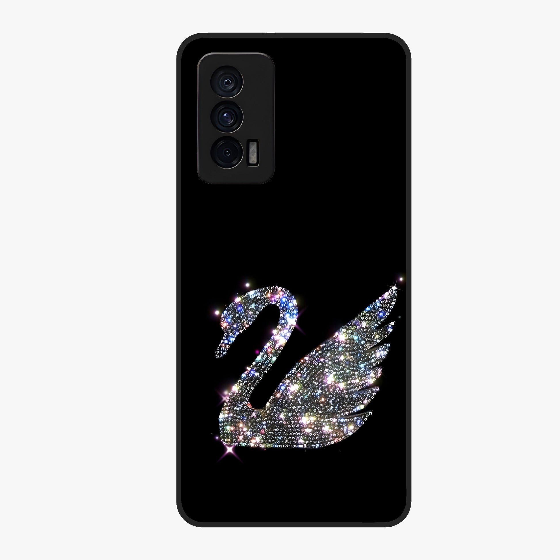 Starlit Swan Grace Glass Case showing flat back view with graceful swan artwork under starry sky and glossy glass finish.