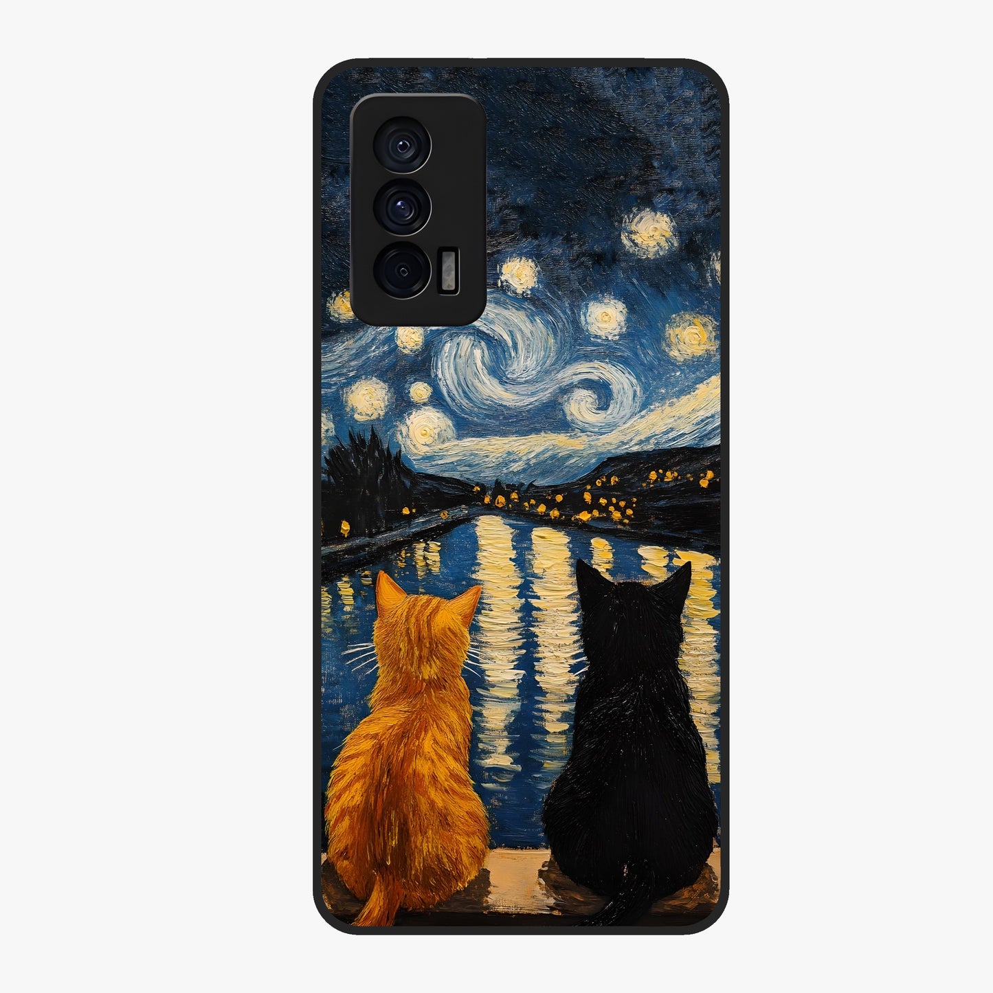 Starry River Cats Glass Case showing flat back view with cats by a starry river artwork and glossy glass finish.