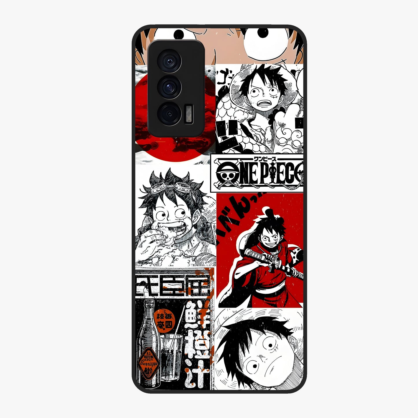 Strawhat Chaos Panels Glass Case showing flat back view with anime inspired chaos panel artwork and glossy glass finish.