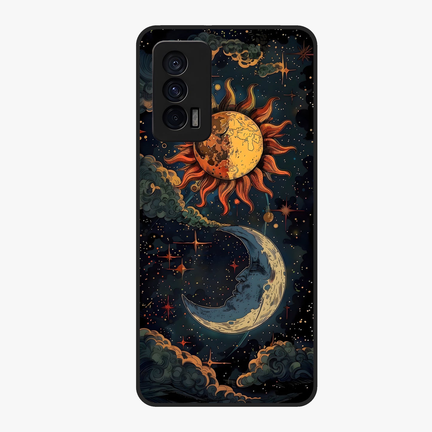Sun And Moon Magic Design Glass Case showing flat back view with mystical sun and moon artwork and glossy glass finish.