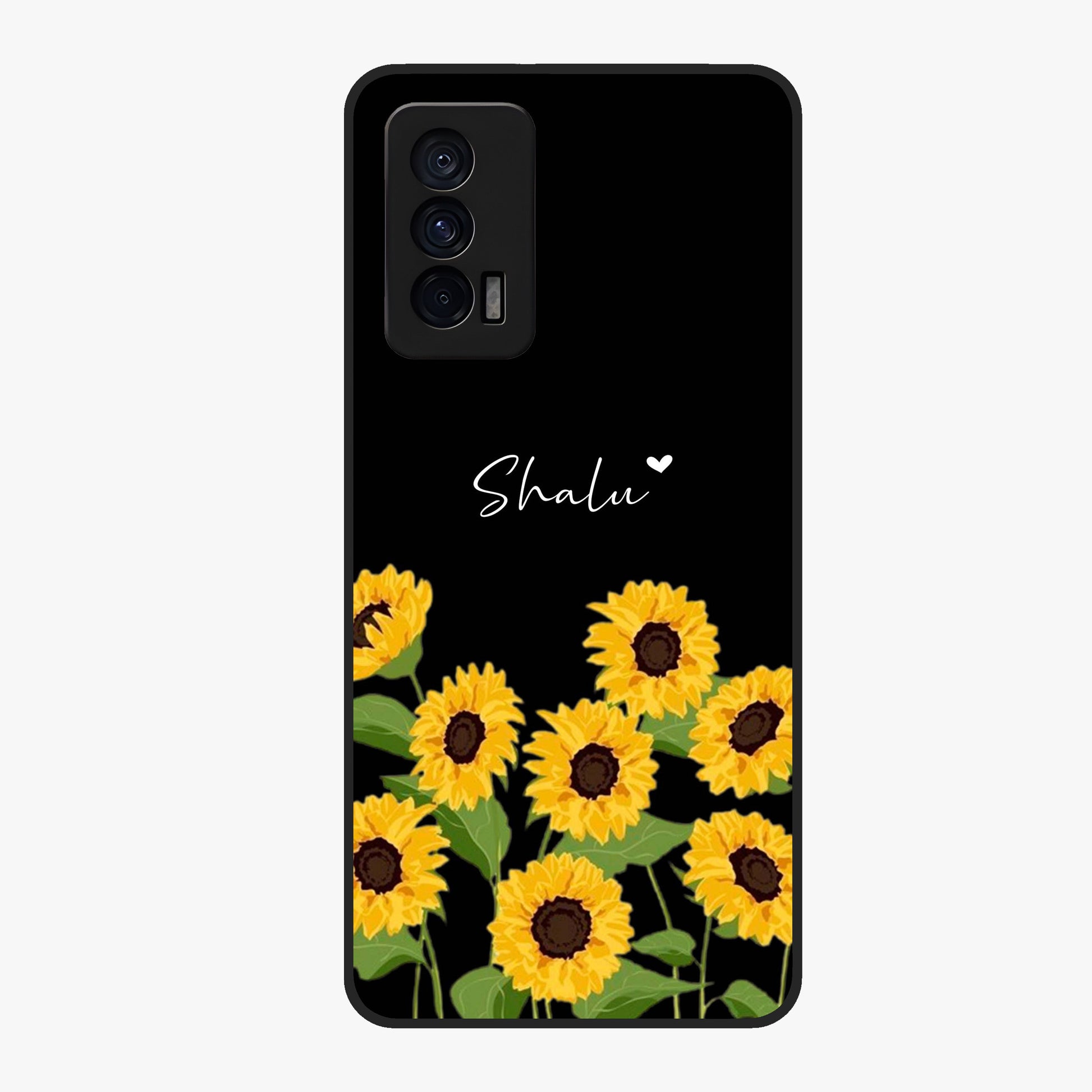 Sunflower Chic Mood Custom Name Glass Case showing flat back view with stylish sunflower artwork and personalized name design.