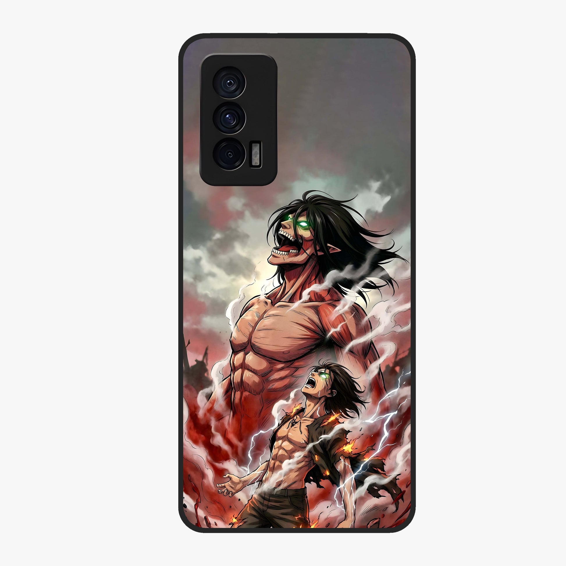 Titan Awakening Fury Glass Case showing flat back view with powerful titan inspired artwork and glossy glass finish.