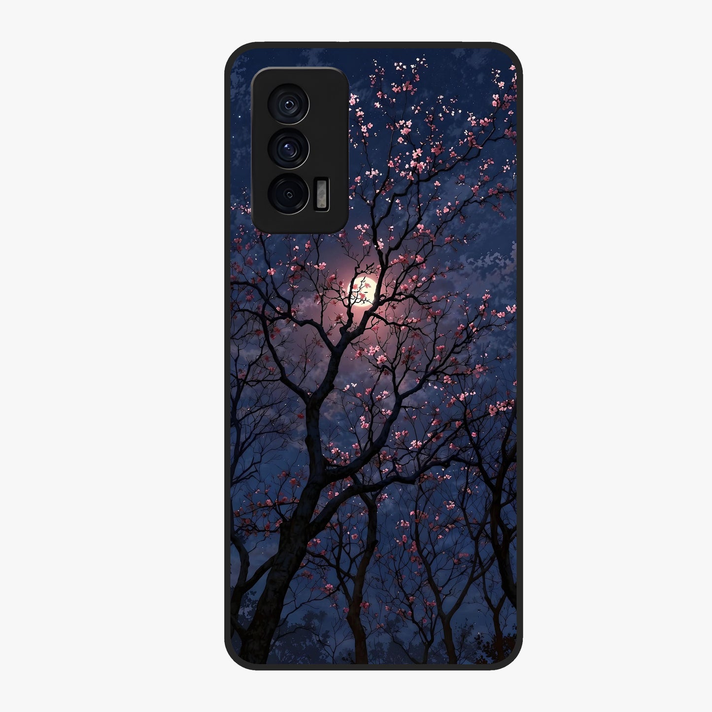 Twilight Sakura Serenade Glass Case showing flat back view with cherry blossom artwork at twilight and glossy glass finish.