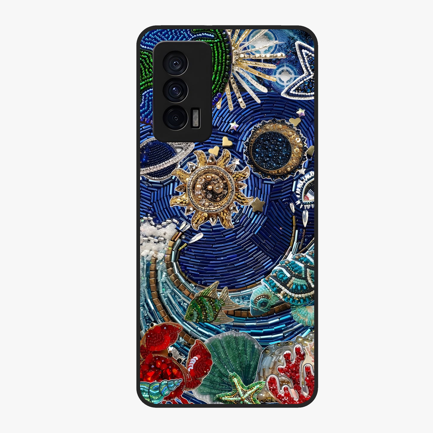 Universe Underwater Spark Glass Case showing flat back view with cosmic underwater themed artwork and glossy glass finish.