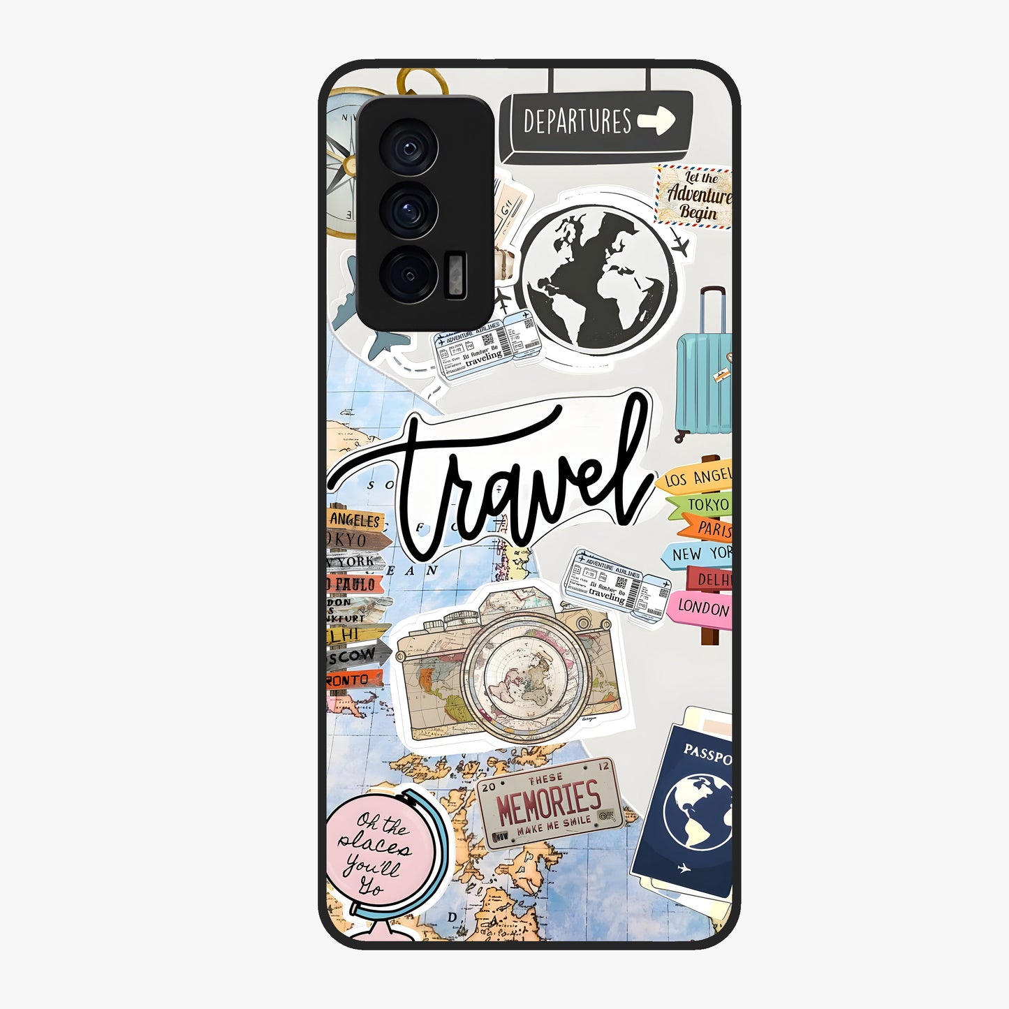 Wanderlust Journal Glass Case showing flat back view with travel inspired artwork and glossy glass finish.