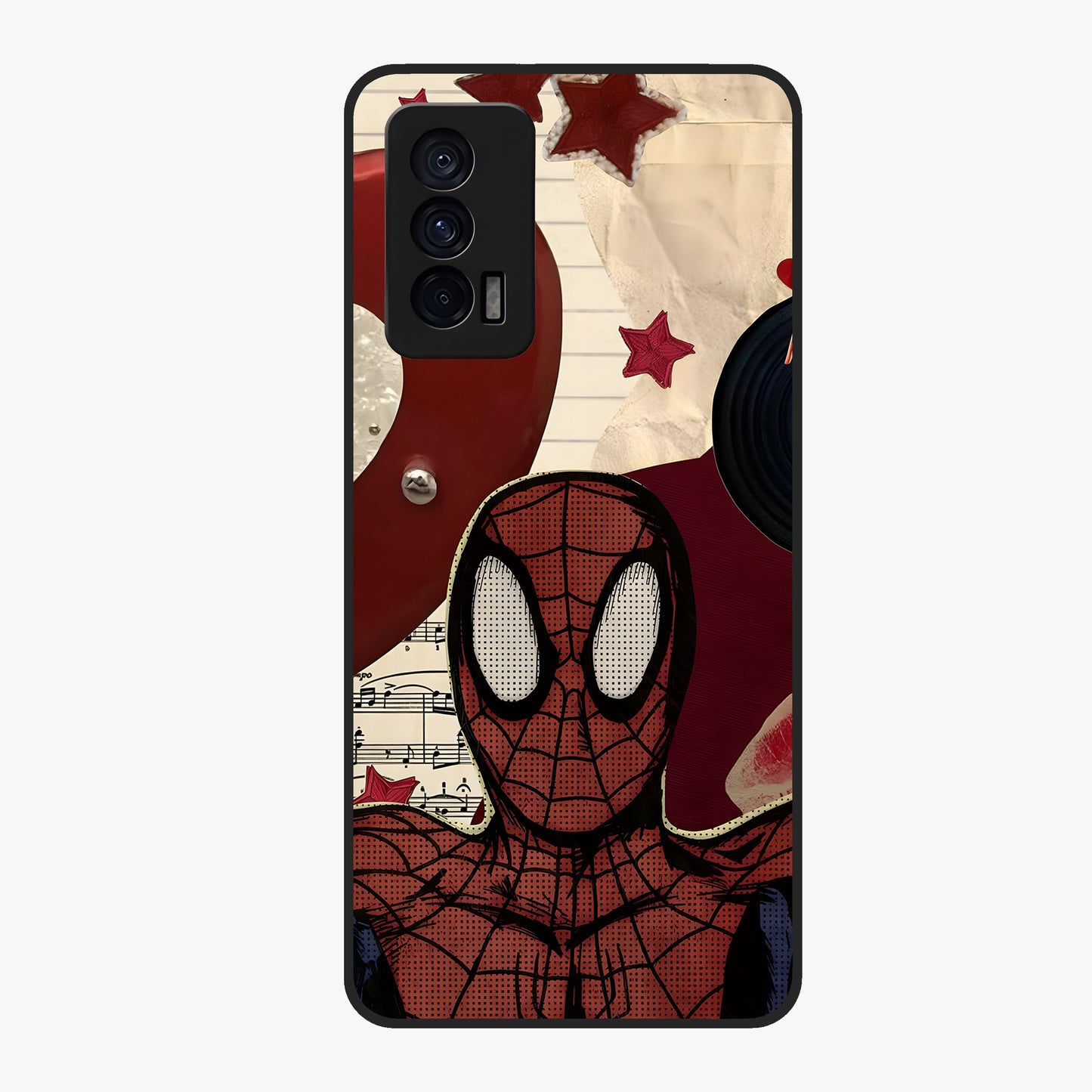 Web Warrior Vibes Glass Case showing flat back view with superhero inspired web themed artwork and glossy glass finish.