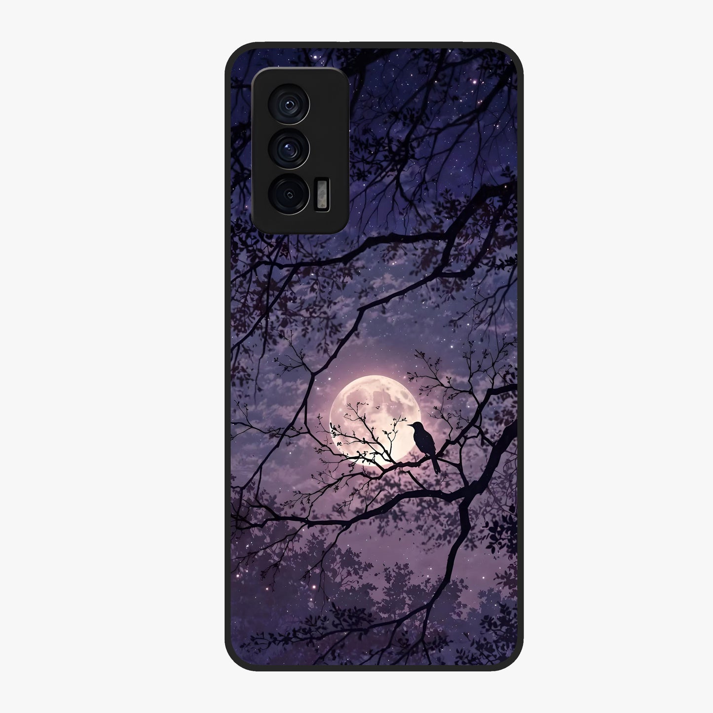Whispering Moon Silence Glass Case showing flat back view with serene moon themed artwork and glossy glass finish.