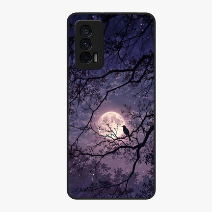 Whispering Moon Silence Glass Case showing flat back view with serene moon themed artwork and glossy glass finish.