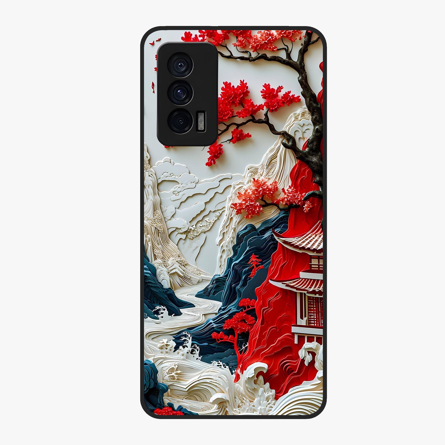 Whispers Of Sakura Waves Glass Case showing flat back view with cherry blossom wave artwork and glossy glass finish.
