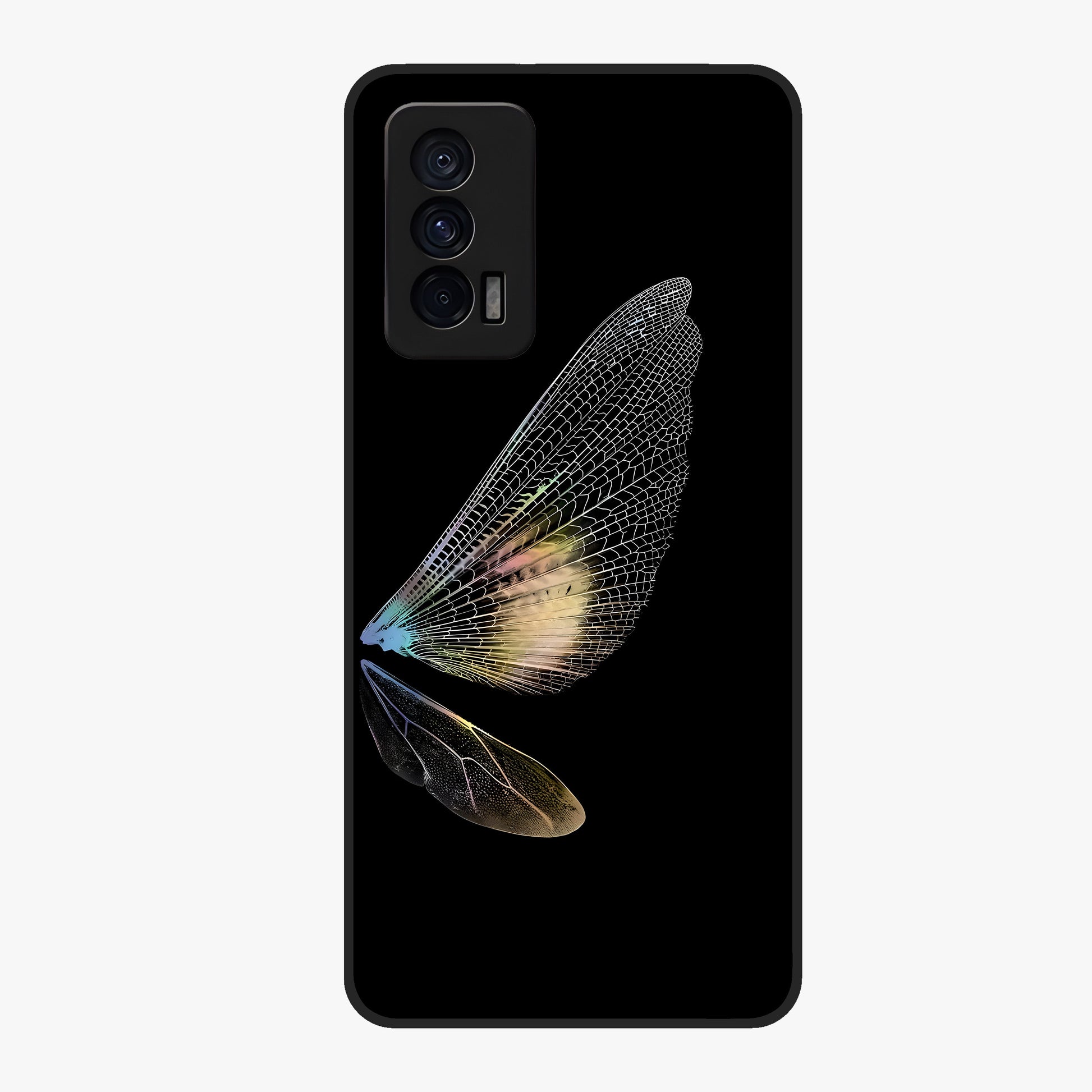 Whispers Of Wings Glass Case showing flat back view with graceful wing inspired artwork and glossy glass finish.