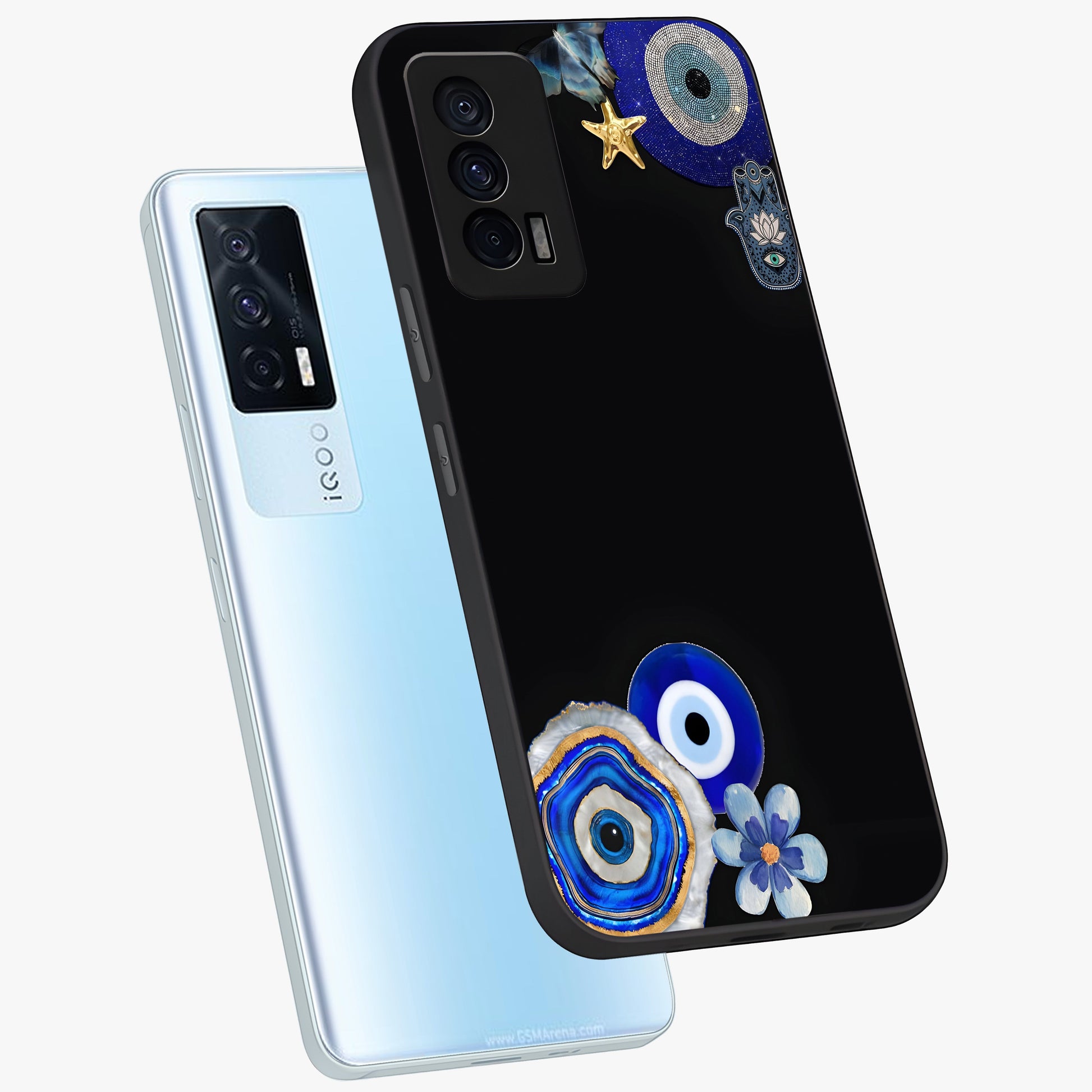 Aesthetic Blue Evil Eye Glass Case displayed in angled mockup highlighting blue evil eye symbol and spiritual aesthetic design.