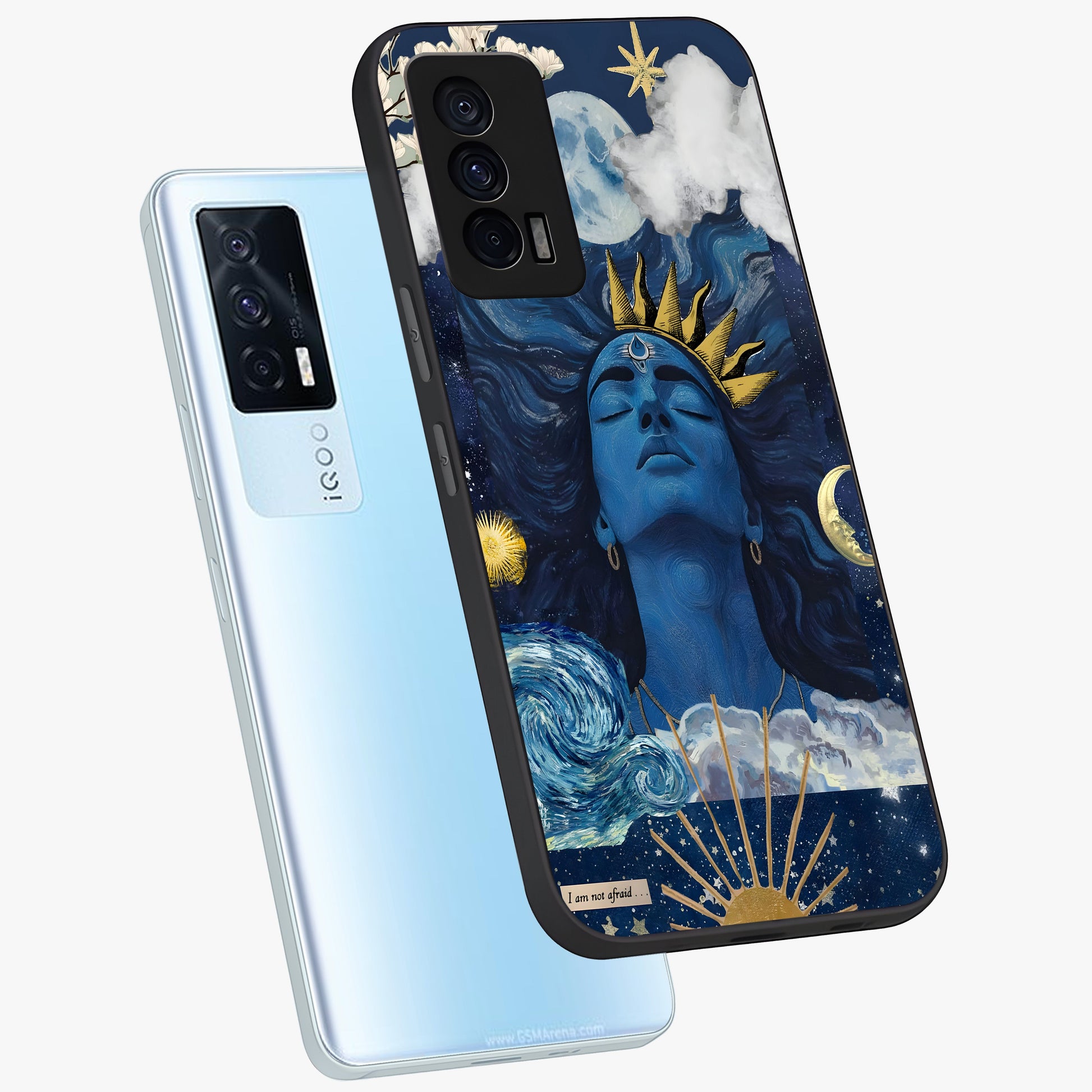 Aesthetic Lord Shiva Glass Case displayed in angled mockup highlighting spiritual Shiva illustration and sacred aesthetic design.