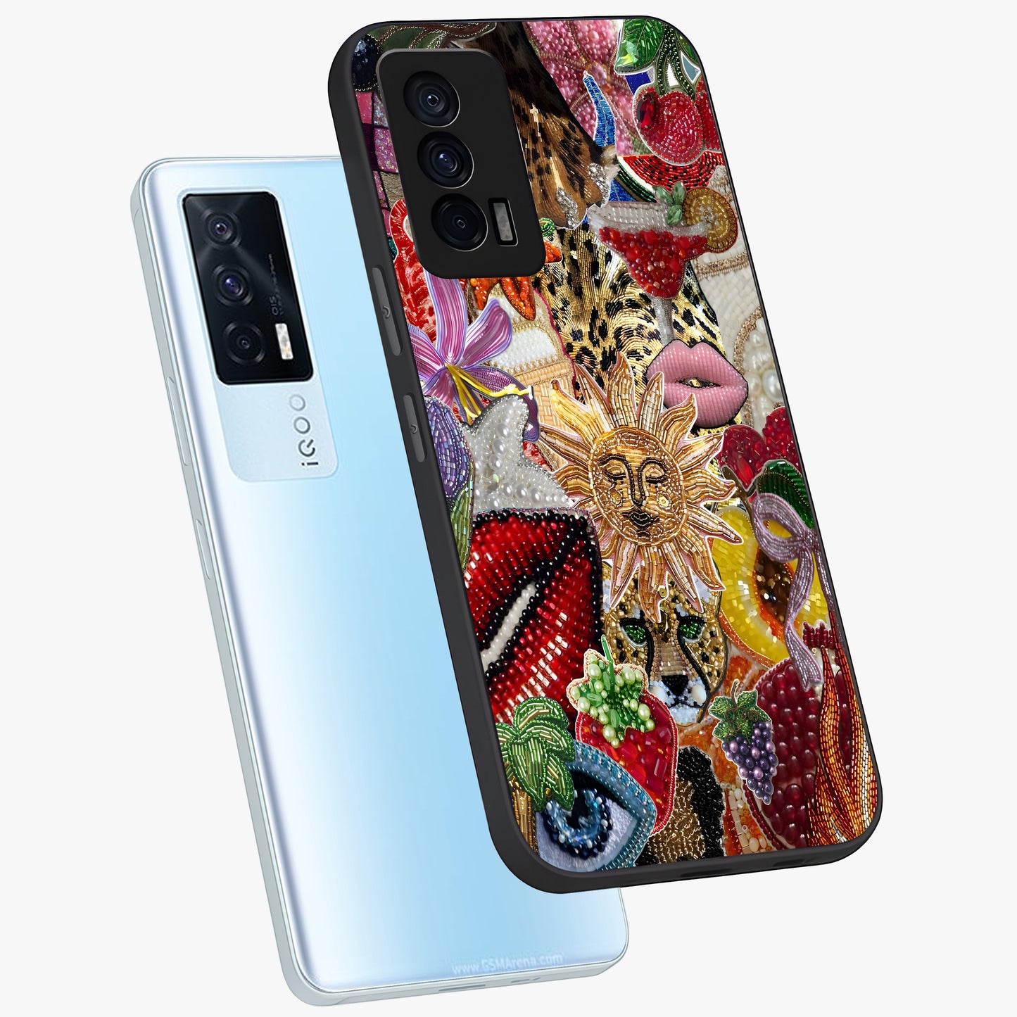 Beaded Fashion Jungle Glass Case displayed in angled mockup highlighting colorful fashion bead design and artistic pattern.