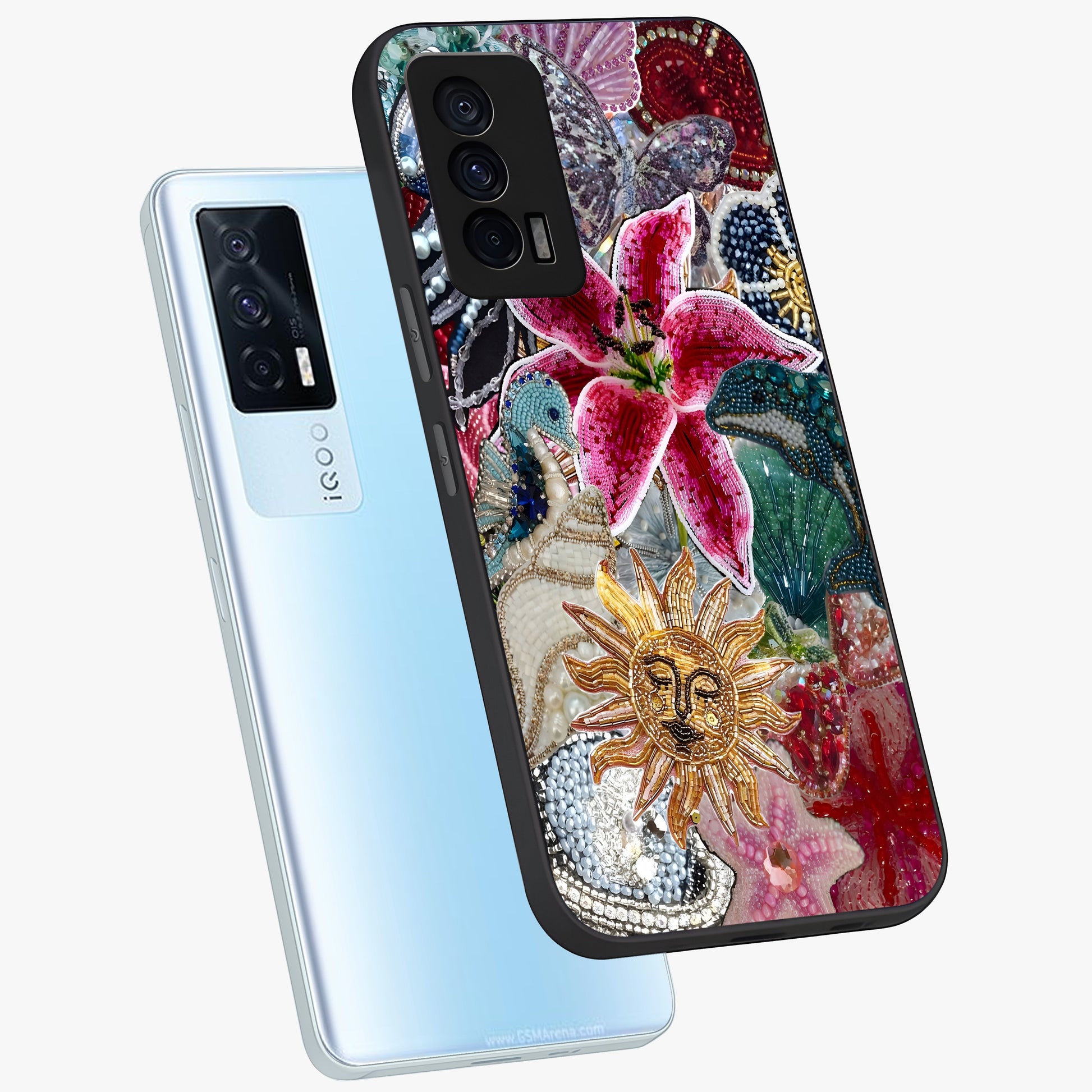 Beaded Garden Fantasy Glass Case displayed in angled mockup highlighting fantasy inspired floral bead pattern.