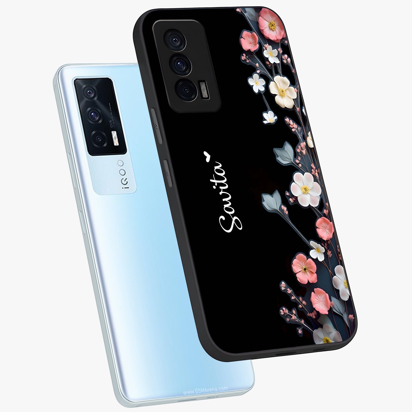 Black Elegance Floral Custom Name Glass Case displayed in angled mockup highlighting dark floral aesthetic and custom name feature.