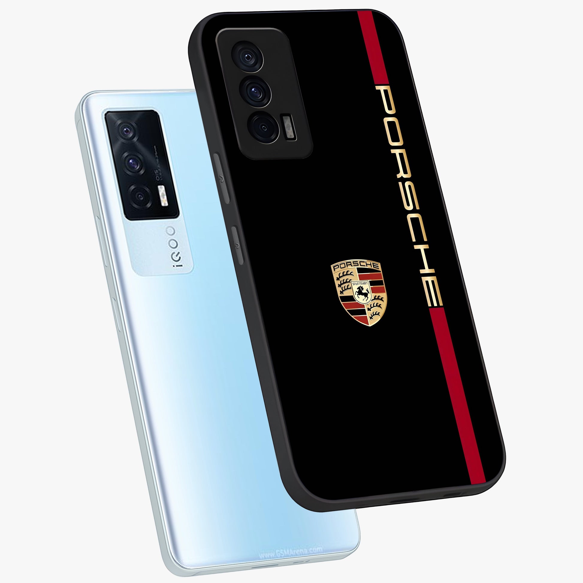 Black Minimal Porsche Glass Case displayed in angled mockup highlighting modern minimal car illustration and clean aesthetic design.