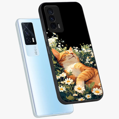 Blissful Bloom Cat Glass Case displayed in angled mockup highlighting playful feline illustration with soft floral aesthetic.